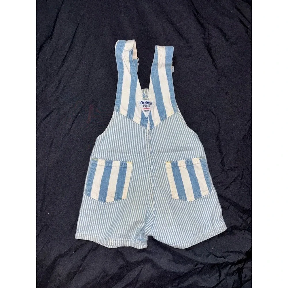 OshKosh B'gosh Overalls Boys 3T Blue White Hickory Stripe Short Bib Vtg vestback